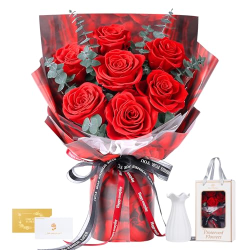 Buquê de 7 rosas com copo, ramo de flores eternas, rosa real preservada eterna, presentes para mulher, esposa, namorada em aniversário, aniversário, dia dos namorados, dia da mãe (vermelho)