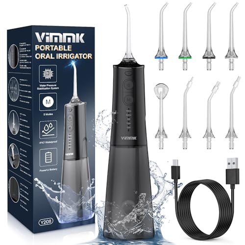 Irrigador bucal portátil, Vimmk Irrigador dental sem fios profissional 8 boquilhas 5 modos, IPX7 impermeável 300 ml USB-C recarregável para limpeza de dentes, para casa e viagens (preto)