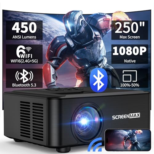 Projetor portátil, SCREENMAX projetor Bluetooth 5.3 e WiFi6, 10000 lúmenes 1080P proiettore, 50% zoom projetor de vídeo para telemóvel cinema em casa de 250", compatível com TV Stick/HDMI/Smartphone