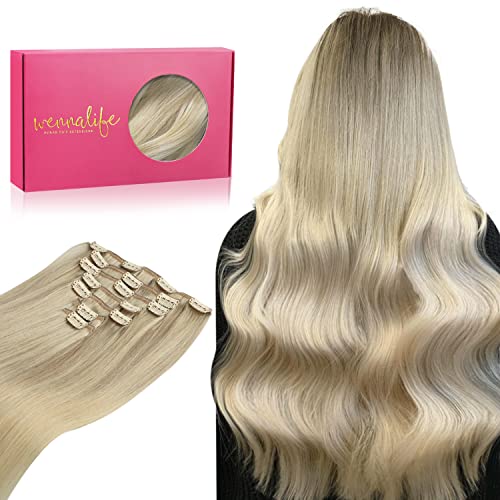 WENNALIFE Grampo de cabelo natural, 45 cm, 120 g, 7 peças, loiro cinza a loiro dourado e loiro platina extensões de cabelo Remy extensões de cabelo postiços mulher