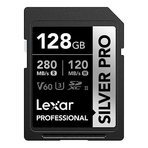 Lexar SILVER PRO Cartão SD de 128 GB, cartão de memória SD UHS-II, V60, U3, C10, leitura de até 280 MB/s, escrita de 120 MB/s, cartão SDXC para DSLR/câmara/fotógrafo/videógrafo (LSDSIPR128G-BNAA)