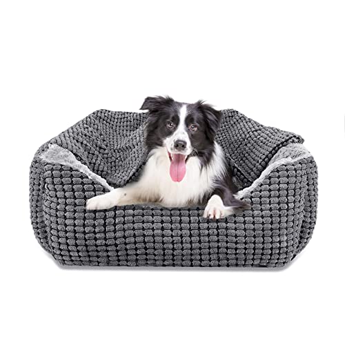 JOEJOY Cama cão com cobertor, cama de cão grande lavável, cama para cães médios antiderrapantes com enchimento de fibras super macias, cama para cães pequenos, M (76 x 61 x 23 cm)