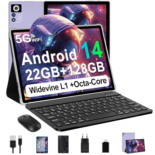 ZIOVO Android 14 Tablet de 10 polegadas, 22 GB RAM+128 GB ROM (TF 1TB), 5G WiFi, Widevine L1/Octa-Core/2,0 GHz/8000 mAh/corpo metálico/8 5 MP/ Tablet 2 em 1 com Teclado e R. Atão - violeta