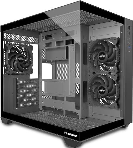 MUSETEX Caixa PC ATX, suporte 360 mm RAD, 270 ° vista completa, vidro temperado caixa PC Gaming com Type-C, 3 ventoinhas sem LED pré-instalados, caixa para computador Mid Tower ATX, preto, Y6