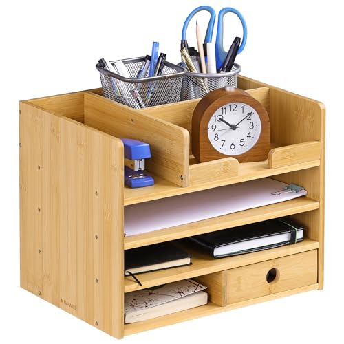 Navaris Organizador de mesa de bambu - acessório de mesa com compartimentos - caixa para armazenamento de material de escritório 33 x 24 x 26 cm