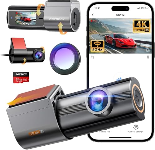 Dashcam, 4K + 1080P Dash CAM carro, WiFi câmara carro com CPL, câmara de carro gravador com cartão 64G, super visão, grande 170°, rotação 360, sensor G, monitor de estacionamento, gravação de Buuu