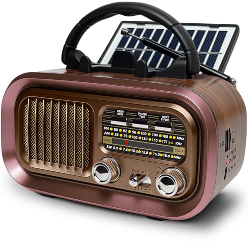 Rádio portátil pequeno, Am/FM/SW transistores rádio com painel solar, rádio Bluetooth retro alimentado por baterias recarregáveis de 1200 mAh ou pilhas D, rádio FM suporta USB/cartão TF/TWS
