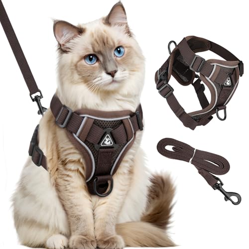 GlasFlength Arnês para gatos com alça, à prova de quebra, correia para gatos com arnês ajustável para gatos, conjunto de arnês macio para gatos com riscas refletoras (café-L)