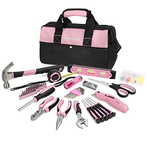 WORKPRO 106 peças conjunto de ferramentas rosa, kit de ferramentas com alicates chave de fendas, chaves martelo etc, para casa com bolsa rosa, para bricolage e reparações diárias