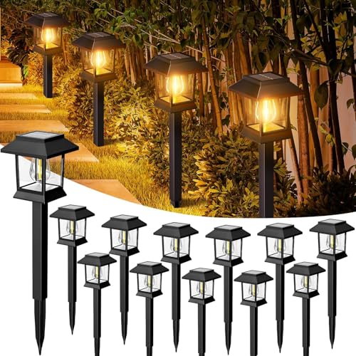 nipify Luzes solares LED para exteriores, jardim, 12 peças vintage faróis solares impermeável, candeeiros solares para pátio, paisagem, relva, corredor, caminho, branco quente