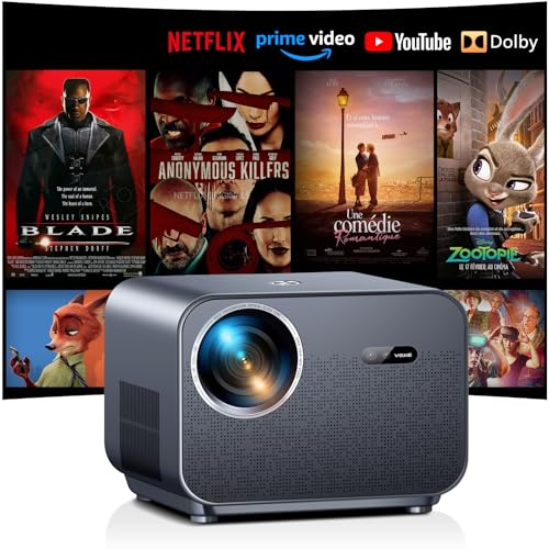 VGKE Projetor 4K Netflix oficial com áudio Dolby, mini projetor Smart portátil Full HD 1080P com suporte 4K, foco automático/chave, WiFi 6 Bluetooth 5.2 para telemóvel, PC, TV Stick, PS5, HDMI, USB