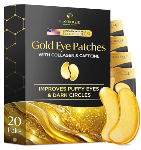 PLANTIFIQUE Patches de olhos e bolsas de olho, 20 pares adesivos de colageno e café para contorno de olhos, máscaras douradas anti-rugas e anti-olheiras - remendos de olhos
