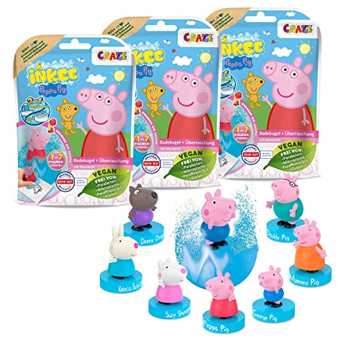 INKEE Pack de 3 bombas de banho infantis de Peppa Pig com presente surpresa, bombas fervescentes para meninos e meninas, aromas e odores divertidos para brincar na banheira e relaxar