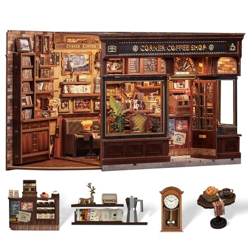 Cutefun Book Nook Kit com iluminação LED e capa anti-pó - DIY Miniature House modelo de madeira biblioteca de casa de bonecas para adultos, presente criativo para mulheres/homens, decoração de