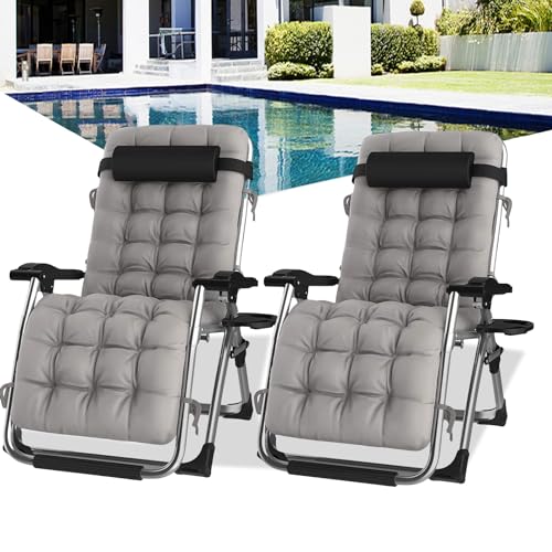 Espreguiçadeira de gravidade zero, espreguiçadeira de Relax, cadeira de jardim dobrável, para praia, piscina, terraço, campismo, carga máxima de 200 kg (conjunto de 2, com almofada cinzenta)