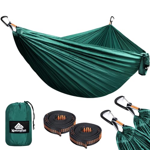 NATUREFUN Rede ultraleve para campismo (300 x 200 cm), 300 kg de capacidade de carga, estilo para-quedas de nylon, respirável e de secagem rápida, 2 mosquetões premium, 2 ranhuras de nylon incluídas