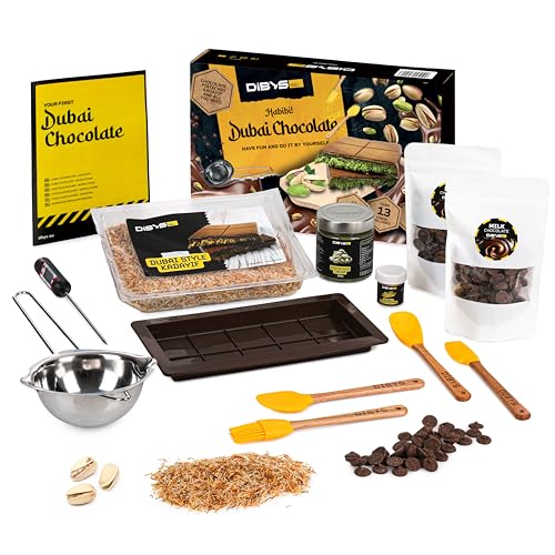 DiBYS Conjunto de chocolate de Dubai – molde de silicone e ingredientes, 200 g de creme de pistácio, 300 g de chocolate com leite e 200 g de pasta de cabelo de anjo Kadayif molde para chocolate de