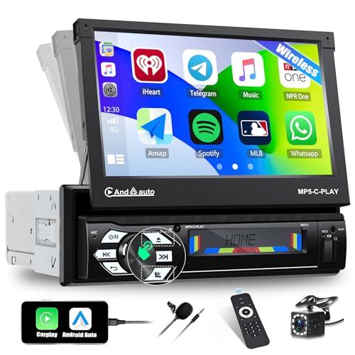 CAMECHO Rádio carro Bluetooth com Carplay e Android Auto, autorrádio 1 DIN com 7 polegadas retrátil automático ecrã tátil reprodutor multimédia com FM/USB/SD ligação espelho câmara visão traseira