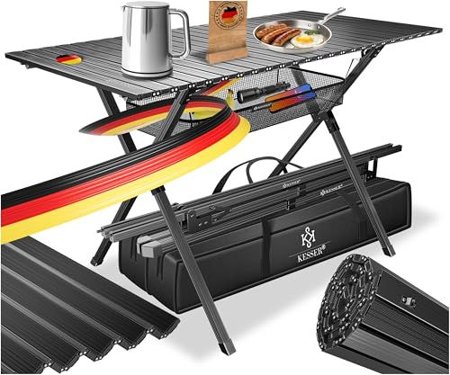 KESSER Mesa de campismo dobrável com moldura de alumínio, mesa dobrável 145 x 70 x 70 cm até 100 kg, inclui bolsa de transporte com correia e bolsa de rede, cor preta