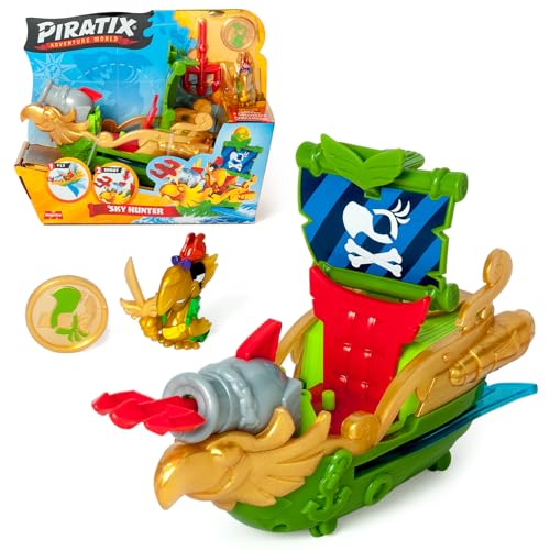 PIRATIX ADVENTURE WORLD Sky Hunter – Barco pirata em forma de papagaio. Inclui 1 barco pirata, 1 piratix exclusivo, 1 tesouro exclusivo, 1 acessório, 1 cano e 1 projétil