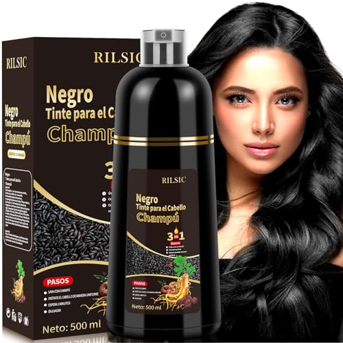 RILSIC Hair Dye Shampoo 3 em 1, Champu Tinta cabelos pretos, tinta cabelo cobertura canas, champô tinta cor canudos instantâneos, champô para tingir cabelos em minutos para mulher homem (500 ml)