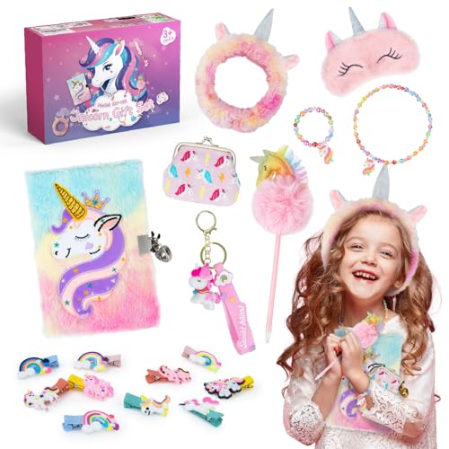 snookids Brinquedos de unicórnio, presentes de unicórnio para meninas, kit de artesanato, diário com cadado, colar, pulseira, presente de aniversário para meninas de 3, 4, 5, 6, 7 e 8 anos