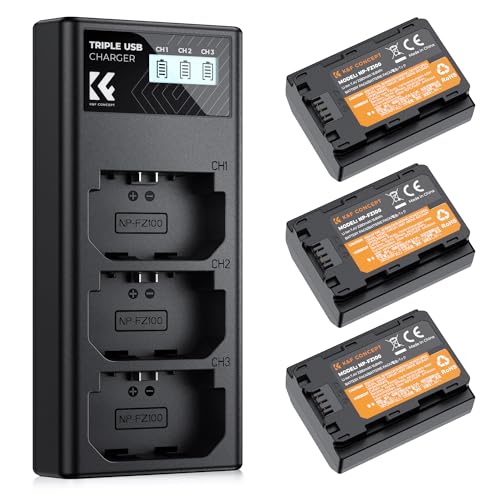 K&F Concept 3-Pack NP-FZ100 bateria 2280 mAh e carregador LCD de 3 ranhuras para Sony FX3 FX30 A7 III A7 IV A7R III A7R IV A9 A6600 A7R3 A7S III/A7S3 A7C Alpha 9 Alpha pha a9 II Alpha 9R A9R Alpha 9S