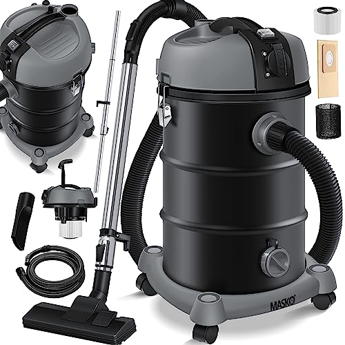Masko® Aspirador industrial seco e húmido, de aço inoxidável, 2300 W, com tomada, função de sopro, Push&Clean, com e sem saco, sem saco