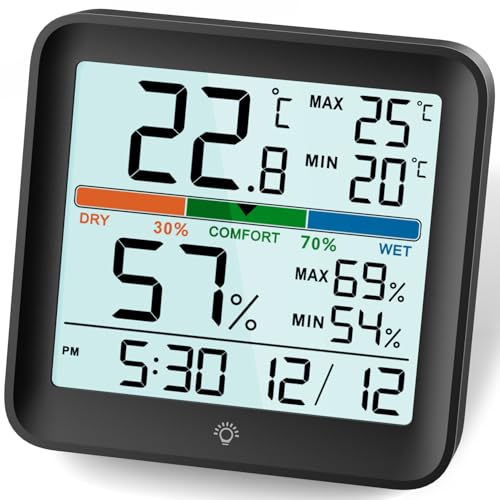 NOKLEAD Termometro digital casa higrómetro medidor de humidade sensor temperatura profissional com ecrã LCD relógio registo máximo e mínimo retroiluminação, preto