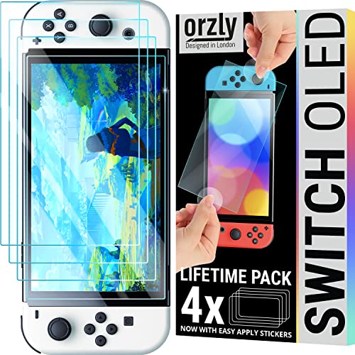 Orzly Pacote de protetores de ecrã para consola OLED da Nintendo switch modelo 2024 - pacote de 4 vidro temperado com acessórios de fácil instalação edição vitalícia
