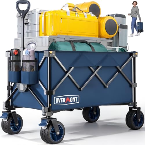 Overmont Carrinho dobrável para festivais, capacidade de 150 kg, para campismo, praia, jardim, piquenique, compras, carrinho resistente com pega ajustável, rodas e travão todo o terreno