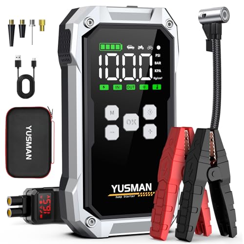 YUSMAN Iniciador de baterias de carro com compressor de ar, 12 V 7000 A iniciador de carro portátil com insuflador de 150 PSI (para toda a gasolina ou 10 l diesel), lanterna LED de emergência
