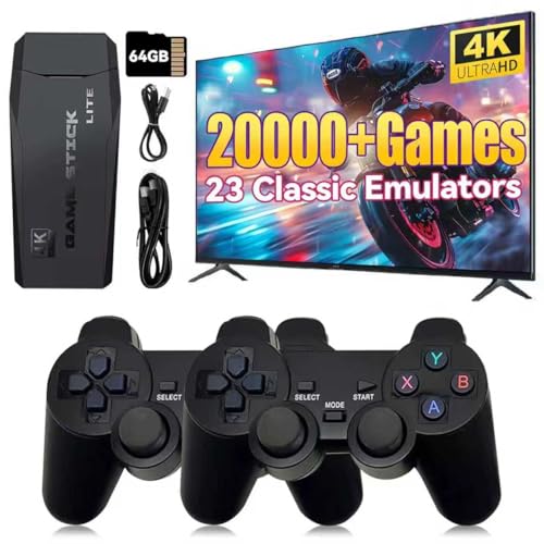 Febotak Retro Gaming Console Stick com 2.0000 jogos, 9 emuladores pré-instalados, 4K HDMI, controlador sem fios duplo 2.4G, sistema Plug & Play, presentes para crianças e adultos
