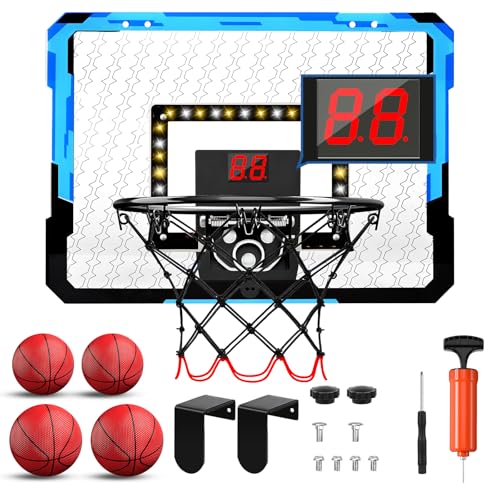 ZWOOS Cesta de basquetebol infantil, cesta de basquetebol com 4 bolas, 39 x 28 cm, bomba e acessórios de fixação, mini cesta de basquetebol com iluminação e efeitos sonoros