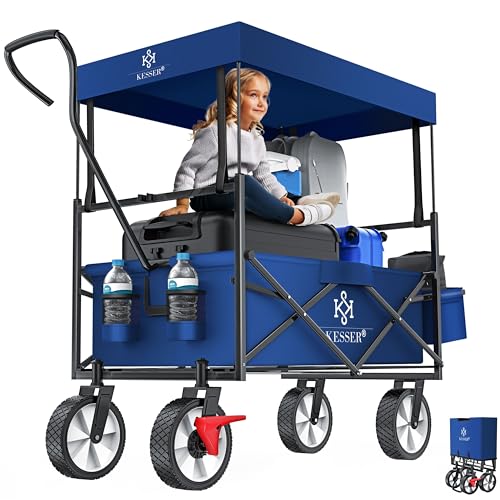 KESSER® Carrinho dobrável com teto, carrinho de jardim com 2 bolsos de rede e um exterior com travão na roda dianteira rodas de borracha, até 100 kg de capacidade, azul-marinho