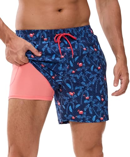 Kfnire Calções de banho para homem com forro de compressão e bolsos, calções de banho para natação secagem rápida hidrofugo para homem