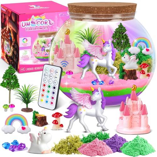RONSTONE Presentes de aniversário de unicórnio para meninas brinquedos - DIY kits artesanato de terrário para crianças - presentes de unicórnio para meninas e meninos de 4 5 6 7 8 9 anos em frente