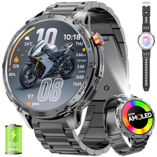 mingwear Relógio inteligente homem ecrã HD AMOLED 1,75 bateria 730 mAh longa duração, lanterna LED, compatível Android iOS, atender chamadas Bluetooth, monitor de atividade fitness