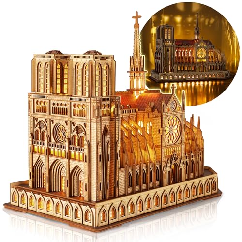 FUNPOLA Puzzle 3D de madeira com LED - Notre Dame de Paris casacos para construir adultos - edição noturna com iluminação LED - kit de artesanato para construir modelos arquitetónicos