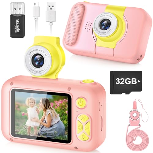 Câmara com fotos infantis, ARNSSIEN câmara de fotos para crianças com ecrã de 2,4", lente de 180°Flip, presente de brinquedo 3-12 menina menino de Natal aniversário