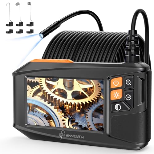 Câmara endoscópica com ecrã e luz, novidade 1920P HD câmara de inspeção canos, ecrã IPS e 8 LEDs ajustáveis, sem Wi-Fi câmara endoscópica cabo semi-rígido (33 FT/10 m)