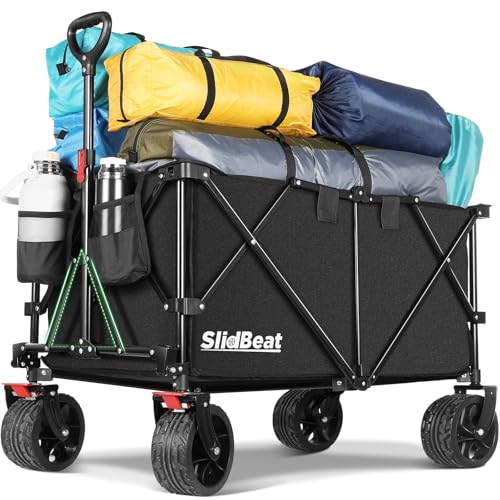SLIDBEAT Carrinho dobrável de praia com rodas, carrinho multiusos de 226 kg (500 lbs), estrutura triangular de metal e rodas com travões removíveis. Ideal para jardim, compras e terreno irregular