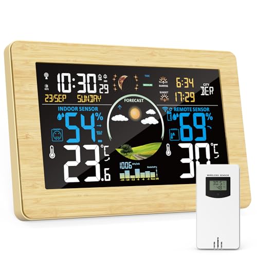 VIFLYKOO Estação meteorológica sem fios com sensor exterior, estação meteorológica digital multifuncional de temperatura, humidade, pressão atmosférica, previsão do tempo, alarme