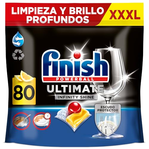 Finish Powerball Ultimate Infinity Shine Pastilhas para máquina de lavar louça com proteção para louça, aroma limão, pacote de 80 comprimidos