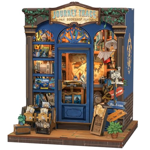 Fsolis Book Nook Kit de madeira para bricolagem, casa de bonecas em miniatura 3D, decoração para prateleiras e secretárias, presente criativo para adultos e jovens (Journey Trace Bookshop)