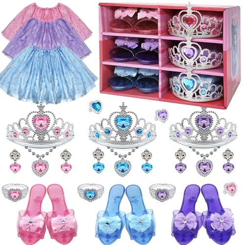 Sapatos de princesa - RPG de princesa Jewellery Boutique com 3 pares de sapatos, pulseiras, colares, brincos, anéis, coroas, saia, presente de aniversário e Natal para meninas de 3,4, 5,6