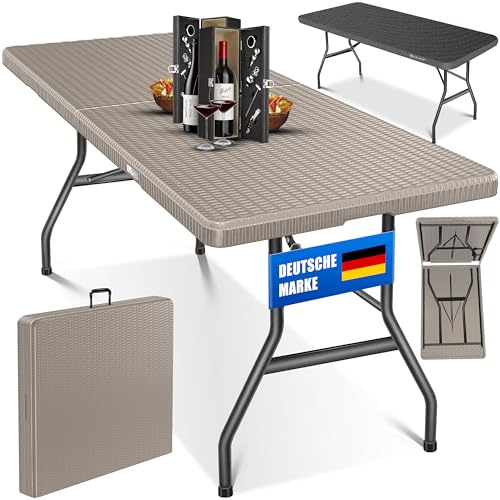KESSER® Mesa Buffet dobrável de plástico 180 x 75 cm com aspeto de ratan, para festa, jardim, terraço e varanda, 6 pessoas, pega de transporte incluída, castanho