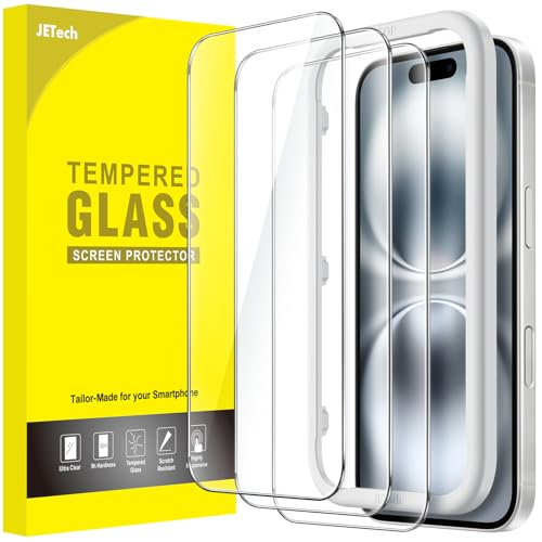 JETech Protetor de ecrã para iPhone 16 6,1 polegadas, vidro temperado com moldura de instalação fácil, compatível com capa, HD transparente, 3 unidades