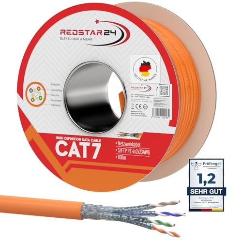 RedStar24 CAT 7 Cabo Ethernet 100 m, cabo de rede CAT7 LAN, cobre, cabo de dados CAT.7 Gigabit S/FTP, categoria 7, livre de halogénios, PIMF, PoE, 10 Gbit, ligação de rede, bobina de 100 metros