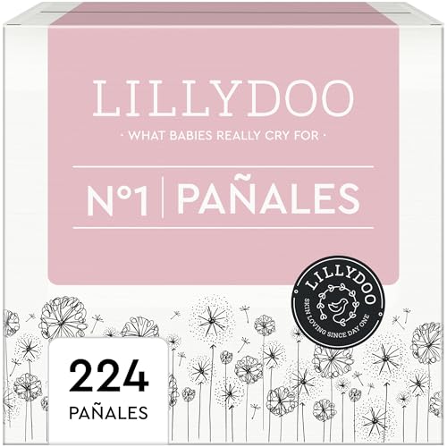 Fraldas LILLYDOO delicadas com a pele - tamanho 1 (2-5 kg), caixa mensal (224 unidades), proteção contra fugas, macias, sem perfumes ou loções e dermatologicamente testados